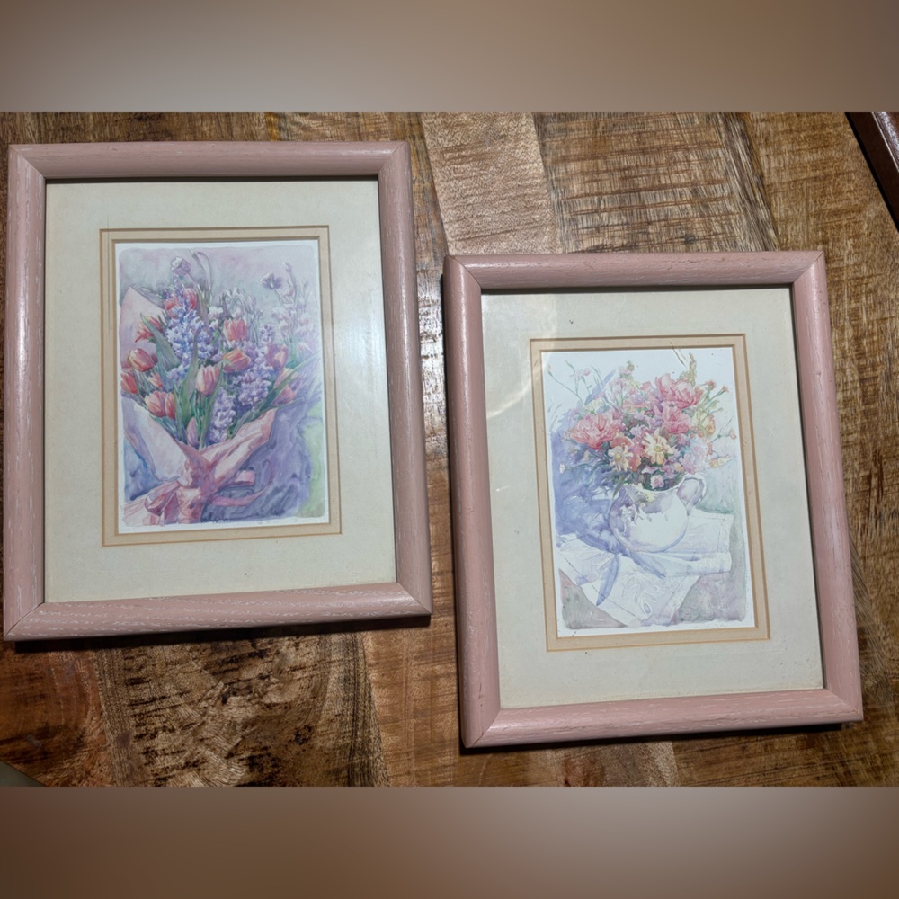 2 Floral matching Watercolor Art in Pink Frame